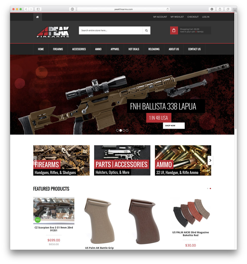 New website for Peak Firearms based out of Tooele, Utah. They provide firearms, parts, accessories and certifications across the state.