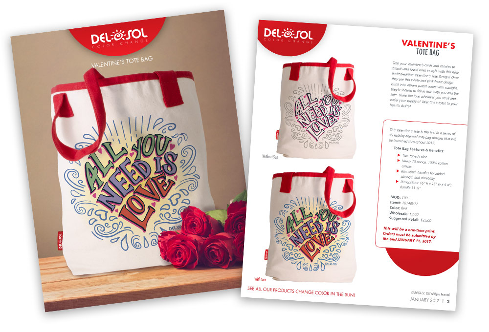 Product Launch Template for New Valentine's Day Tote Bag that changes color in the sun.