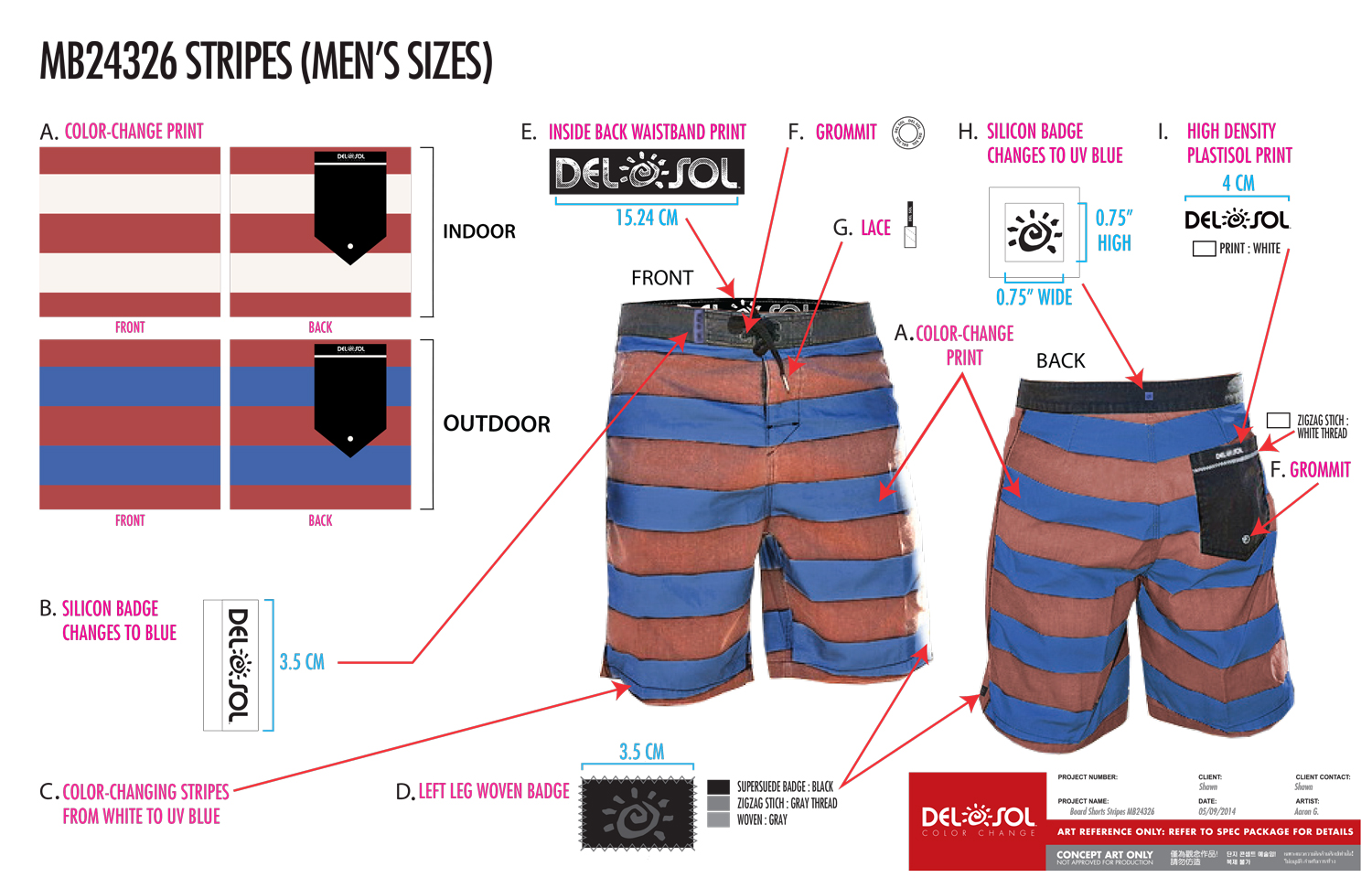 Striped shorts tech pack including color change callouts, brand elements, and product render.