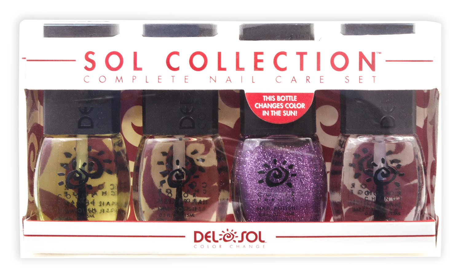 New Sol Collection box designed to have Cuticle Oil, Top Coat, and Base coat already in the box and allow the customer to choose a bottle of polish so slide in thru the top of the packaging.